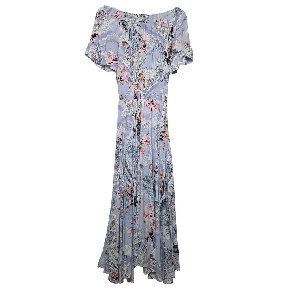 Jaase Tropical Floral Off Shoulder Smocked Maxi Dress Purple Blue XS